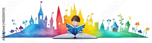 Child in pajamas, reading a fairytale book, surrounded by whimsical illustrations, watercolor style