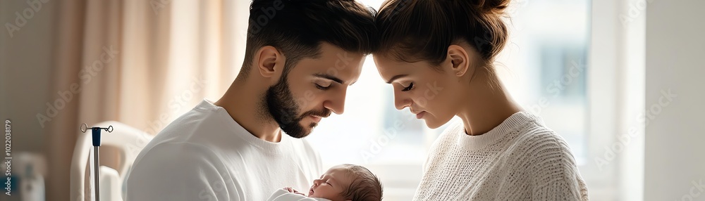 Tender moment of new parents embracing their newborn baby in a softly-lit room, symbolizing love and family connection. Tender moment of new parents embracing their newborn baby in a softly-lit room, symbolizing love and family connection.