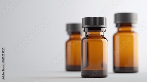 Amber Glass Medical Vials on Clean White Background for Drug or Pharmaceutical Packaging Design