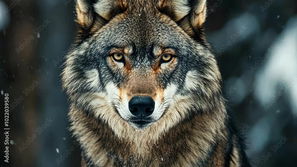 A gray wolf stares intensely at the camera, its piercing eyes reflecting the winter forest behind it A gray wolf stares intensely at the camera, its piercing eyes reflecting the winter forest behind it
