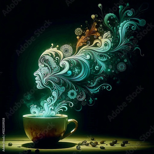 Artistic Coffee Cup with Swirling Steam Forming an Ethereal Face in Green and Gold, Surrounded by Coffee Beans