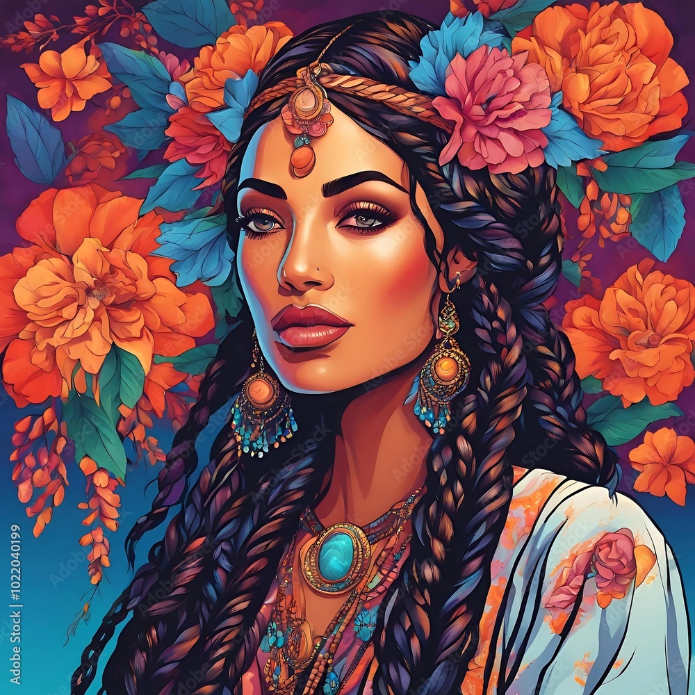 Illustration of a Woman with Braids and Vibrant Flowers in Her Hair, Flowers in Shades of Oranage, Pink and Blue, Art Illustration Illustration of a Woman with Braids and Vibrant Flowers in Her Hair, Flowers in Shades of Oranage, Pink and Blue, Art Illustration