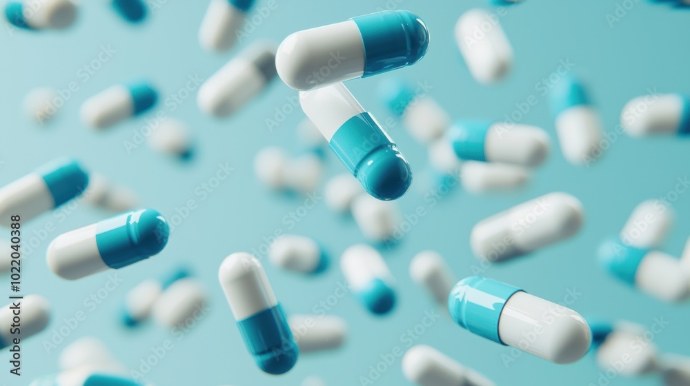 Assortment of various pharmaceutical capsules tablets and pills in blue and white colors Assortment of various pharmaceutical capsules tablets and pills in blue and white colors