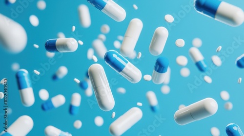 Assorted Medication Tablets and Capsules Floating on Blue Background