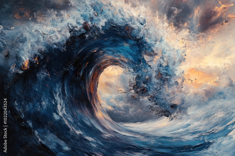 Fototapeta premium A dramatic, abstract painting of a massive wave breaking in a blue, white, and orange sky.