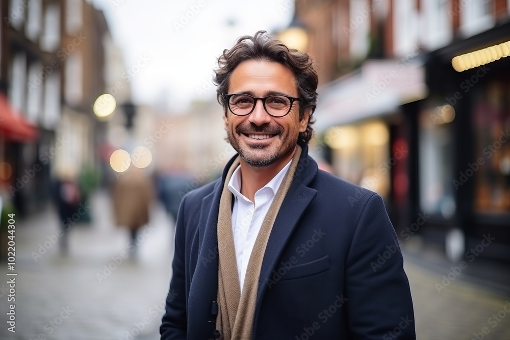 Portrait of a handsome man wearing glasses and coat walking in the city Portrait of a handsome man wearing glasses and coat walking in the city