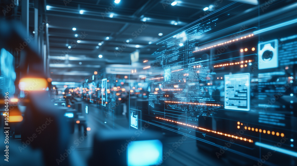 A bustling factory floor equipped with advanced robotic arms and automation systems is overlaid with futuristic digital dashboards displaying real-time data. Metrics such as produc