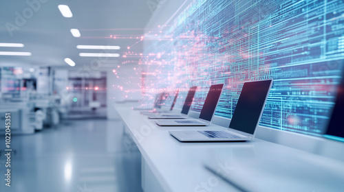 In a futuristic office setting, a network of interconnected laptops and devices on a long white table display real-time data graphs and analytics. The space is equipped with sleek,