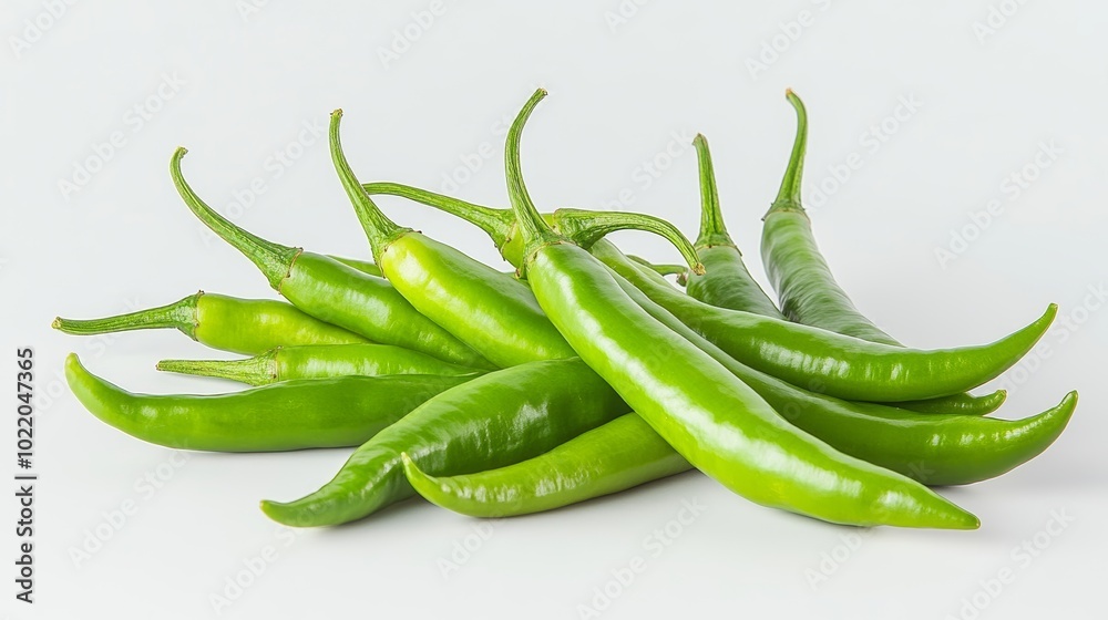 Isolated green chili peppers displayed on a white background, showcasing their vibrant hue. Isolated green chili peppers displayed on a white background, showcasing their vibrant hue.