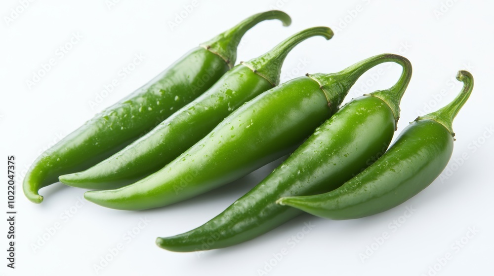 Isolated green chili peppers displayed on a white background, showcasing their vibrant hue. Isolated green chili peppers displayed on a white background, showcasing their vibrant hue.