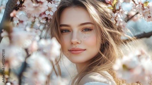 Lovely woman on a springtime day by a blossoming tree.