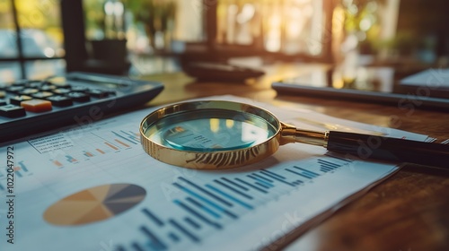 Table with business charts, graphs, magnifying glass, and calculator. Statistics, banking accounts, and financial progress.