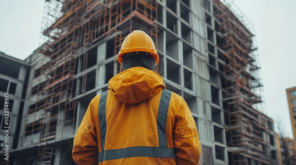 a man in a yellow jacket and safety helmet standing in front of a building under construction a man in a yellow jacket and safety helmet standing in front of a building under construction