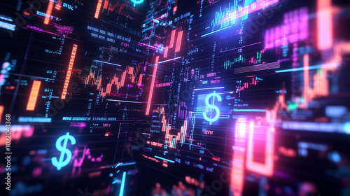 Futuristic 3D Stock Market Scene with Floating Graphs and Neon Data Streams, generative ai