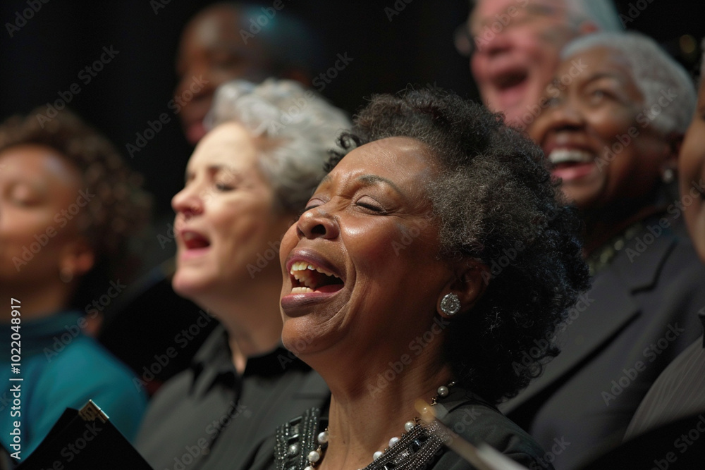 Fototapeta premium Joyful multinational senior choir performing together, showcasing diverse expressions and vibrant outfits, in a lively indoor setting or church. Activities for group of senior people