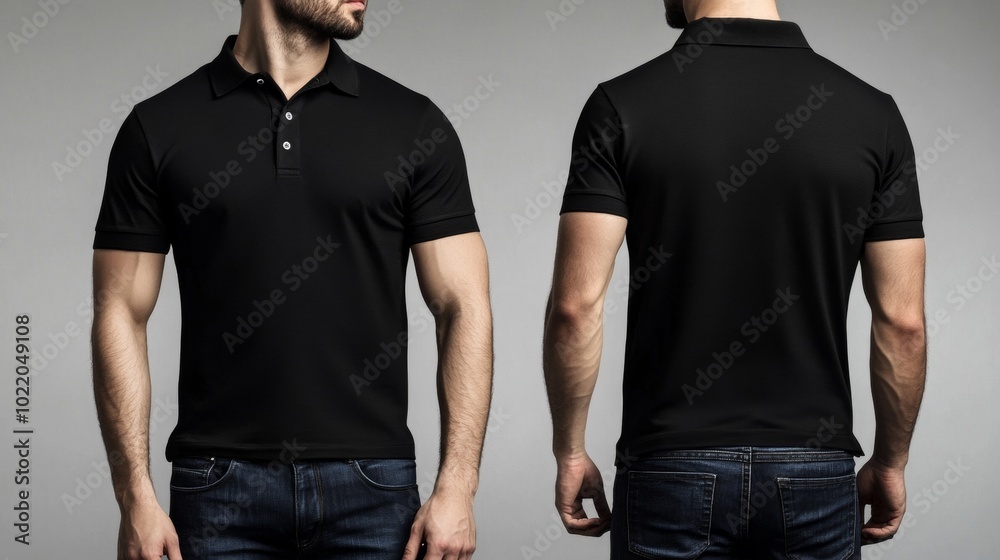 Men's black polo shirt with separate front and back views. Blank front and back polo tee for mock-up designs. Men's black polo shirt with separate front and back views. Blank front and back polo tee for mock-up designs.