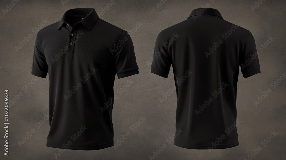 Men's black polo shirt with separate front and back views. Blank front and back polo tee for mock-up designs. Men's black polo shirt with separate front and back views. Blank front and back polo tee for mock-up designs.