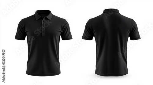 Men's black polo shirt with separate front and back views. Blank front and back polo tee for mock-up designs.