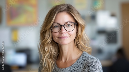 A woman with long blonde hair and glasses is smiling for the camera. She is wearing a gray sweater and is standing in front of a wall