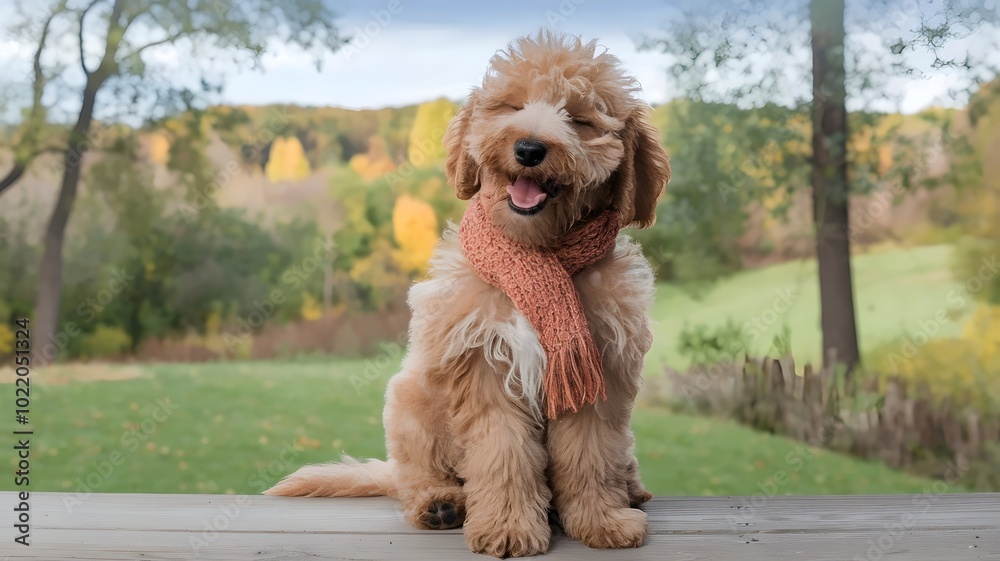 Poodle puppy on porch with eyes closed in lush green autumn landscape Poodle puppy on porch with eyes closed in lush green autumn landscape