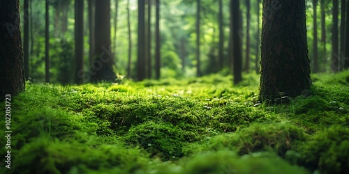 Sunlight through green trees in forest, mossy ground, nature background