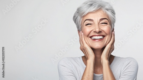 Gorgeous Mid-Aged Woman with Grey Hair Smiling: Senior Model Beauty and Skincare