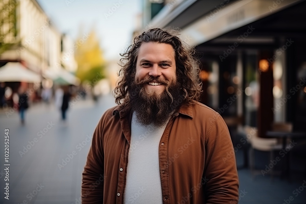 Portrait of a handsome man with long beard and mustache in the city Portrait of a handsome man with long beard and mustache in the city
