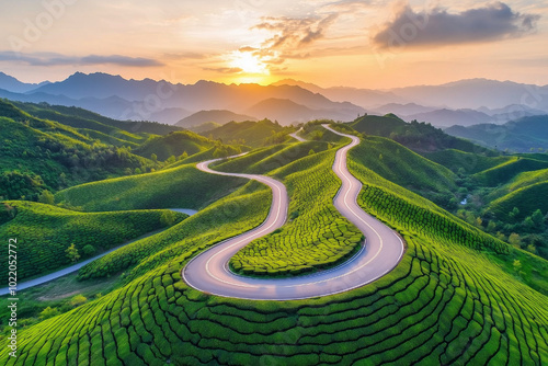 Beautiful road through the green tea plantation in the mountains