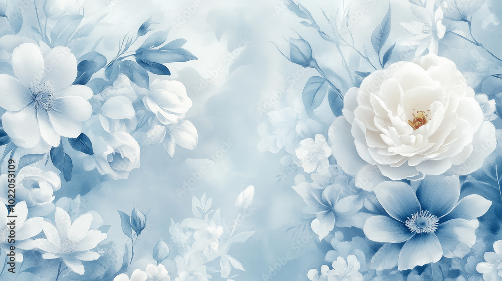 Fototapeta premium Blue and white flowers, art background texture