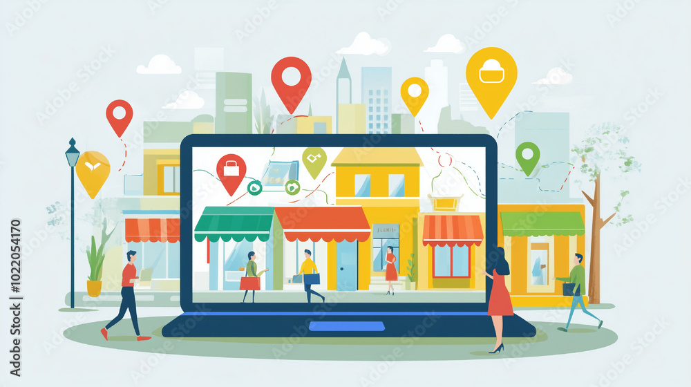 location pins and map with shop buildings location pins and map with shop buildings