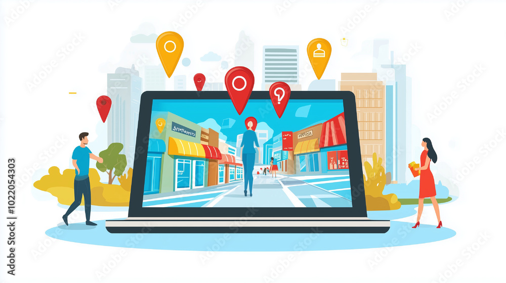location pins and map with shop buildings location pins and map with shop buildings