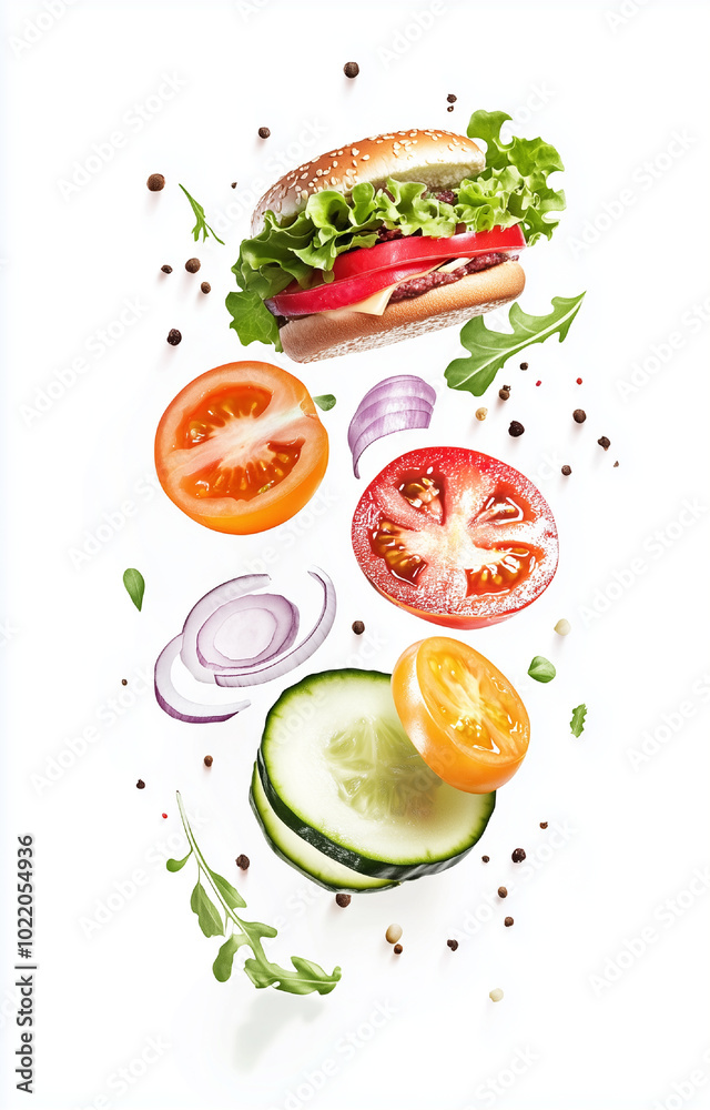 Flying cheesburger ingredients on white background Flying cheesburger ingredients on white background