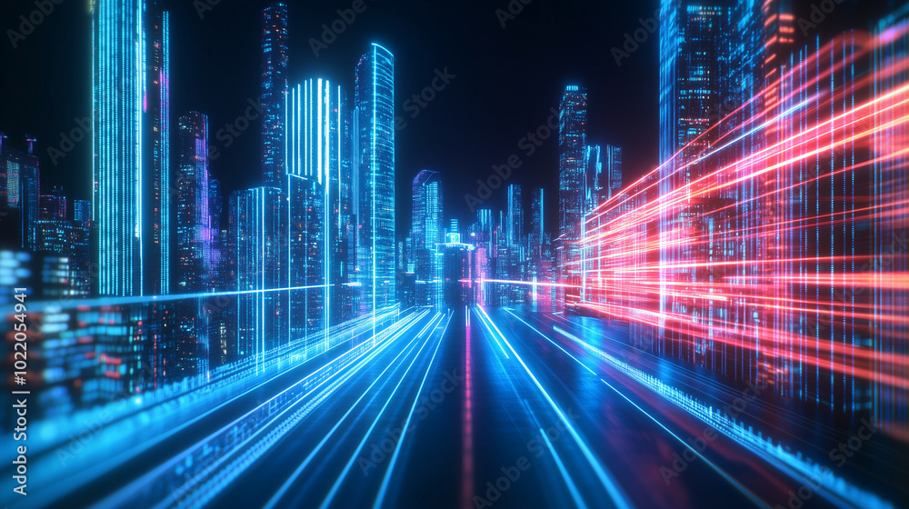 A high-rise cityscape is enhanced by glowing digital lines that crisscross over the buildings, symbolizing the fast-growing technology infrastructure that fuels modern city life. T A high-rise cityscape is enhanced by glowing digital lines that crisscross over the buildings, symbolizing the fast-growing technology infrastructure that fuels modern city life. T