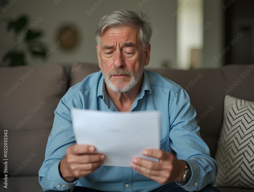 Problems with accounts and documents. Pensive and upset senior man sits at home on the sofa and looks sadly at the papers in his hands, mature male worried of financial order pension paper document. Problems with accounts and documents. Pensive and upset senior man sits at home on the sofa and looks sadly at the papers in his hands, mature male worried of financial order pension paper document.