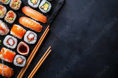 Sushi set with sushi rolls and sashimi on a plate