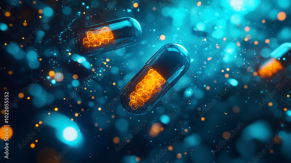 medical blue background with glowing bacteria and capsule pills concept medical blue background with glowing bacteria and capsule pills concept