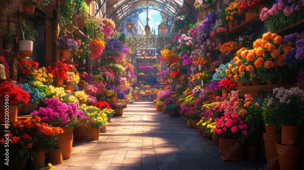 Obraz premium A vibrant and colorful flower market with a variety of flowers in pots, arranged in rows along the pathway.
