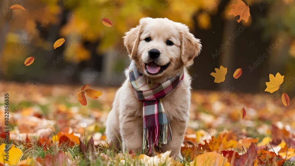 Happy golden retriever puppy wearing scarf with falling autumn leaves