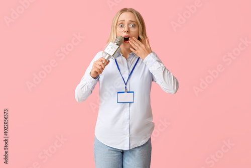 Portrait of shocked female ...