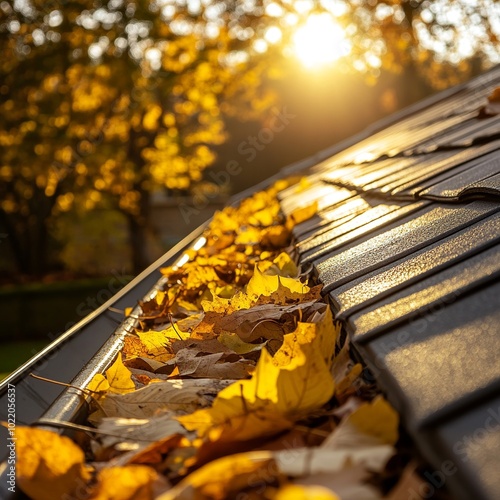 Roof gutter clogged with leaves in autumn.