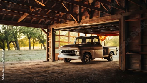Rustic Garage with Vintage Truck and Open Door
