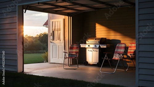 Suburban Garage with Barbeque Grill and Lawn Chairs