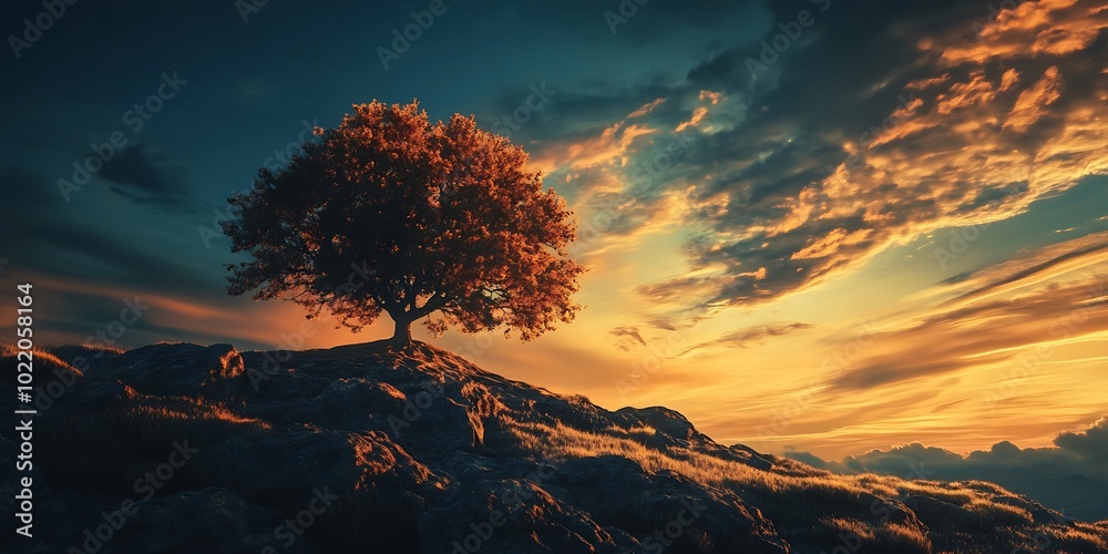 Fototapeta premium Lonely Tree Silhouette on Hilltop at Sunset