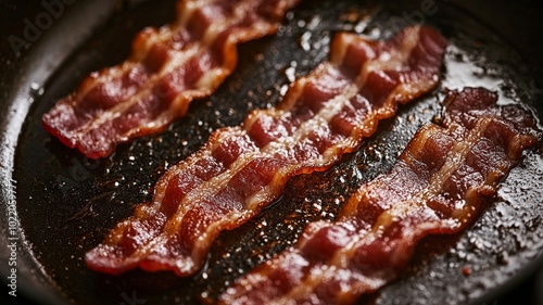 Three strips of bacon are cooking in a pan