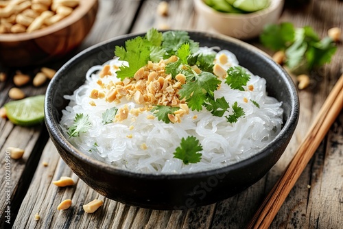 Bowl of rice noodles topped with peanuts and herbs.