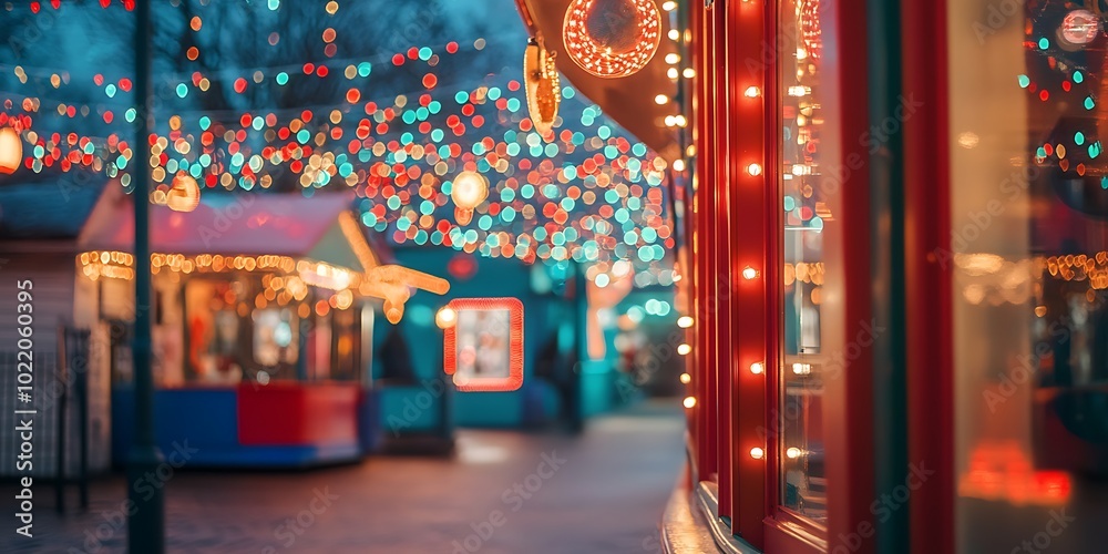 Christmas lights and storefront window at night