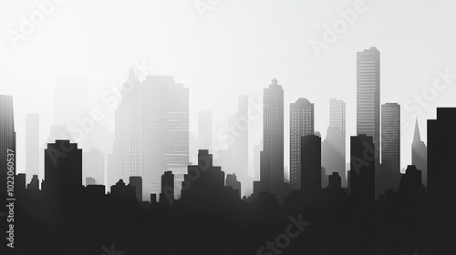 A black-and-white cityscape with high-contrast shadows, highlighting the skyline of tall buildings.