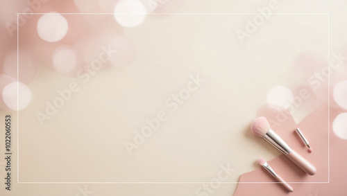 Elegant Pink and Cream Makeup Backgrounds with Brushes and Floral Accents