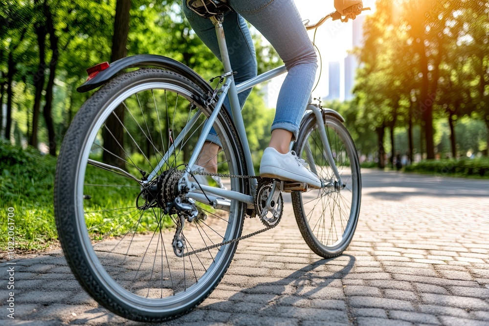 Person riding a bicycle on a sunny path. Person riding a bicycle on a sunny path.