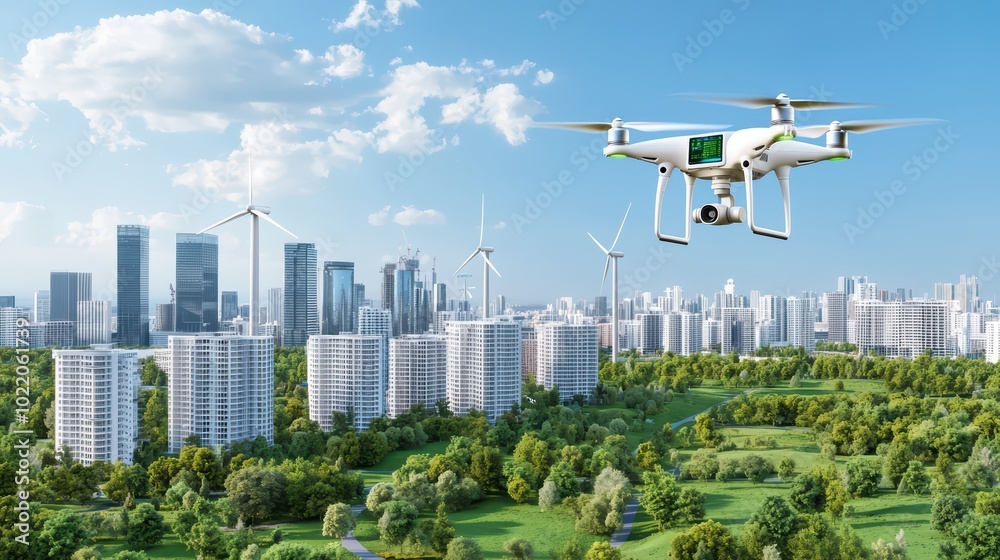 Aerial view of a drone flying above a modern city with green spaces and wind turbines, showcasing urban sustainability. Aerial view of a drone flying above a modern city with green spaces and wind turbines, showcasing urban sustainability.
